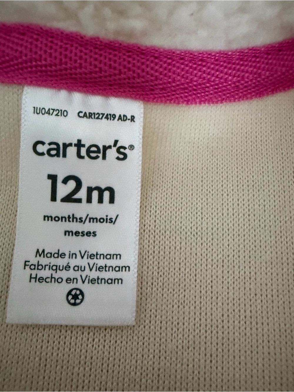 Carter’s Baby Girl 12M Sherpa Fleece One-Piece Jumpsuit Cream Pink Full Zip - Picture 11 of 13